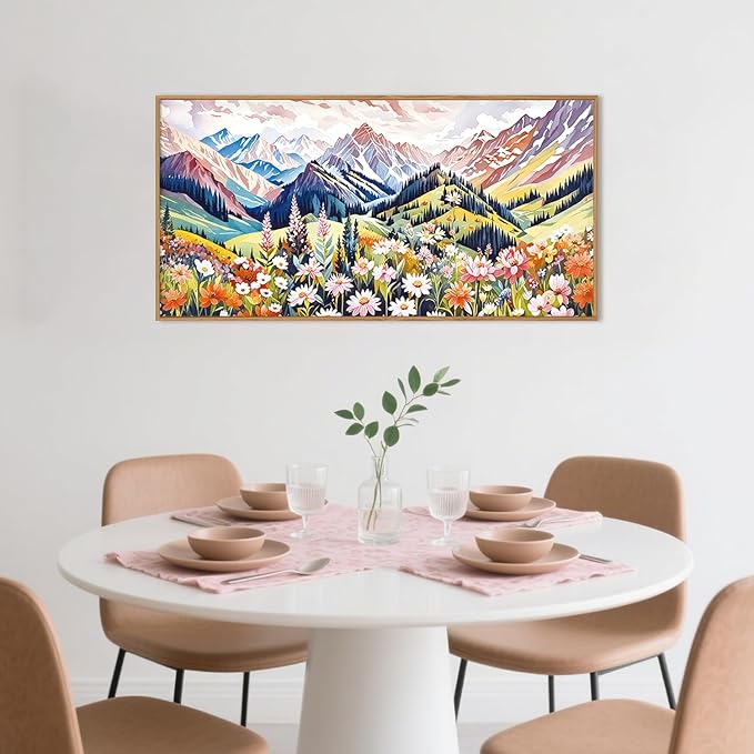 Aryroi Abstract Spring Colorful Floral Landscape Framed Canvas Wall Art,Natural Boho Woodland Mountain Wildflower Decor,Modern Pink Blossom Botanical Artwork for Living Room, Bedroom, Farmhouse-40"x20"x1