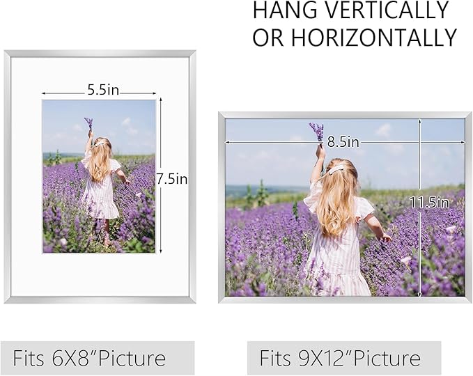 Golden State Art, Gallery Wall Frame Set of 6 - Silver 9x12 Aluminum Photo Frames with Mat for 6x8 Pictures - 9 x 12 inch Metal Frame with Real Glass Cover - Elegant Home or Office Decor