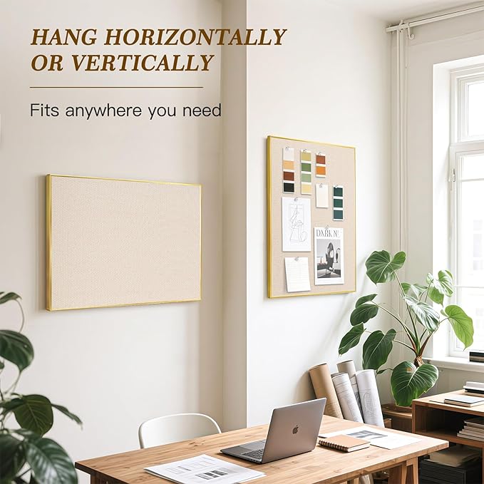Linen Bulletin Board 36 x 24 Inches, White Cork Board for Wall, Gold Aluminum Framed Fabric Pin Board Tack Board, 10 Push Pins, Beige