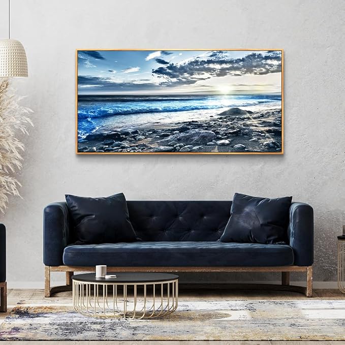 Lapremoly Blue Beach Sun Ocean Landscape Painting Large Wall Art For Living Room Wood Framed Wall Decor For Bedroom Modern Office Decor Canvas Prints Artwork Seascape Hang Pictures Home Decoration