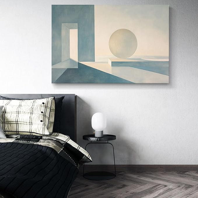 gaosoul Modern Canvas Wall Art Blue White Tranquility Geometric Abstract Oil Painting Minimalism Artwork Prints for Living Room Bedroom Office Decor Framed 48x32in