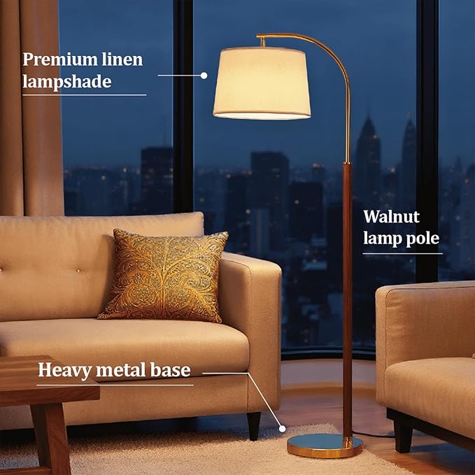 65” Walnut Gold Arc Floor Lamp for Living Room, 1200 Lumens 3-Level Brightness Mid Century Modern Floor Lamp for Bedroom, Wood Vintage Gold Standing Lamp, Adjustable Lampshade, LED Bulb Included