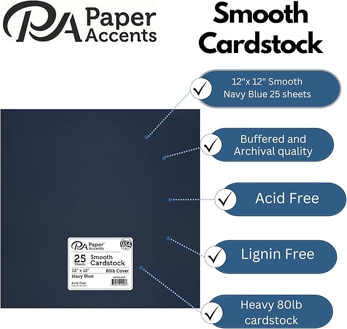 PA Paper Accents Smooth Cardstock 12" x 12" Navy Blue, 80lb colored cardstock paper for card making, scrapbooking, printing, quilling and crafts, 25 piece pack
