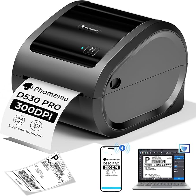 Phomemo Ethernet Thermal Label Printer 4x6, Bluetooth Shipping Label Printer for Small Business, Home, Office, 300DPI Wireless Thermal Printers Compatible with Ethernet/Bluetooth/USB, Etsy, USPS
