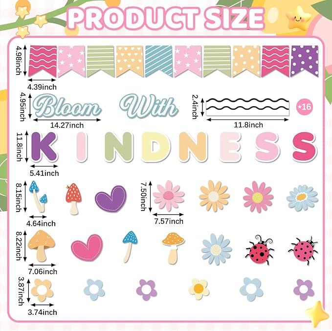 Spring Kindness Bulletin Board Set Bloom with Kindness Classroom Decoration Colorful Flowers Paper Cutouts Borders Back to School Bulletin Board Classroom Wall Chalkboard Spring Party Supplies Decor