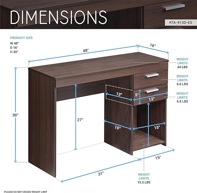 48" Modern Computer Desk with Drawers, Small Desk for Bedroom or Office, Espresso Brown