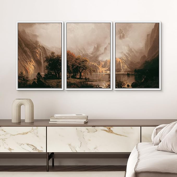 SIGNWIN Framed Canvas Print Wall Art Set Dramatic Mountain Valley Lake Landscape Illustrations Modern Art Decorative Nordic Abstract for Living Room, Bedroom, Office - 24"x36"x3 White