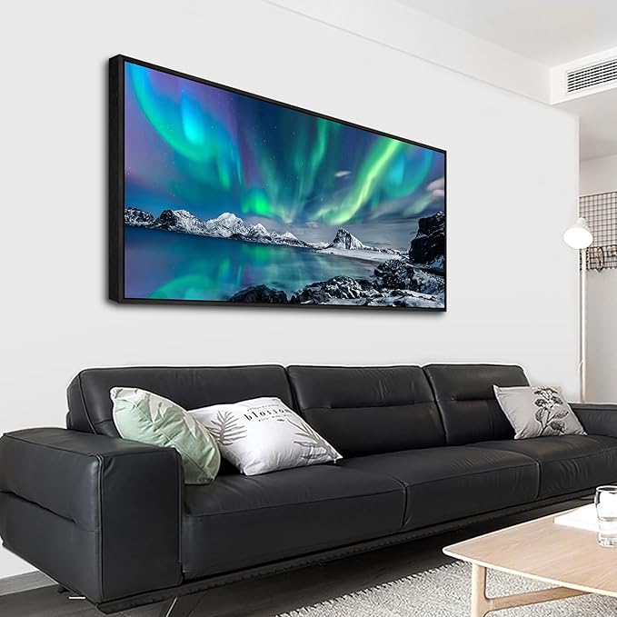 Wapluam Framed Canvas Wall Art For Living Room Large Wall Decor For Office Modern Bedroom Wall Painting Blue Aurora Scenery Canvas Pictures Artwork Ready To Hang Black Framed Home Decor 20x40 In