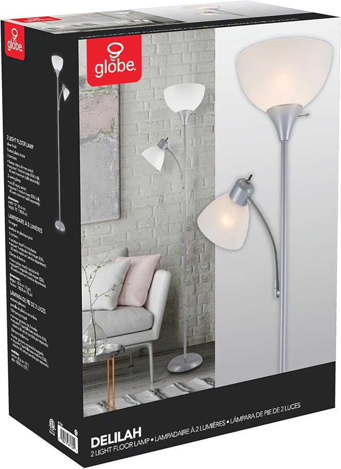 Globe Electric 67134 72" Torchiere Floor Lamp and Adjustable Reading Light, Silver, Frosted Shade, Dual Rotary Switch, 3-Step Dimming, Modern Lighting for Living Room or Office, Timeless