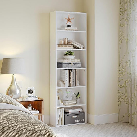 MXV Bookshelf, 6-Tier Open Bookcase, Storage Shelves, Display Storage Shelves, Floor Standing Unit, Home Decor, Furniture for Home Office, Living Room, Bedroom, White2