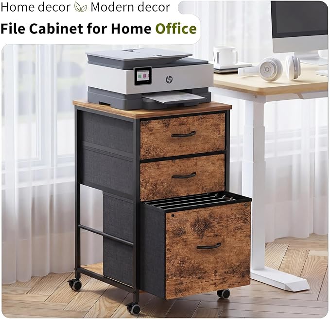Mobile File Cabinet with Fabric Drawer,Rustic Brown File Cabinets for Home Office, Rolling Printer Stand with Storage, Filing Cabinet fits A4 or Letter Size for Home Office