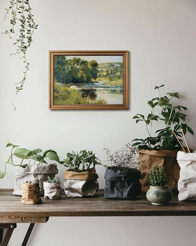 Gold Framed Wall Art Vintage River Canvas Wall Art Nature Landscape Antique River Artwork Prints Picture for Living Room Bedroom Farmhouse Bathroom Office Decor, 16x24