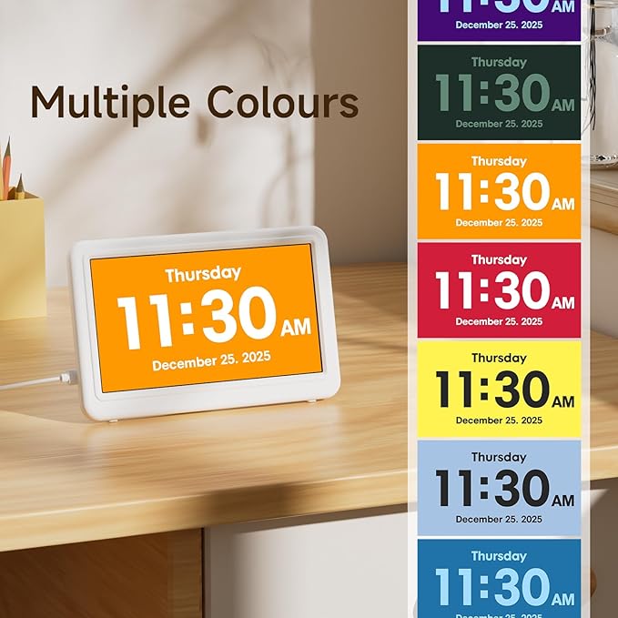 Raynic Digital Clock, 7" Digital Calendar Day Clock for Seniors, Dementia Clock with 20 Custom Alarms & Reminders,12 Themes, Auto DST, Dimmable Dementia Alzheimer's Clock for Elderly