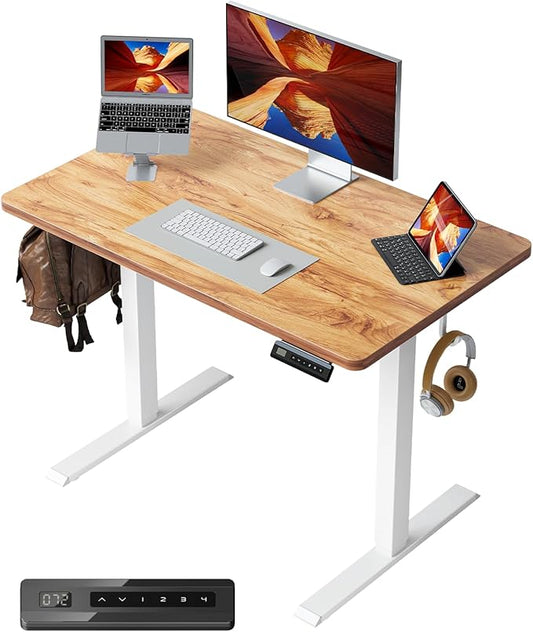CubiCubi 32 x 20 Small One-Piece Standing Desk, Adjustable Height Electric Computer Home Office Sit Stand up Workstation, with 4 Memory Presets, Headphone Hook, Light Rustic