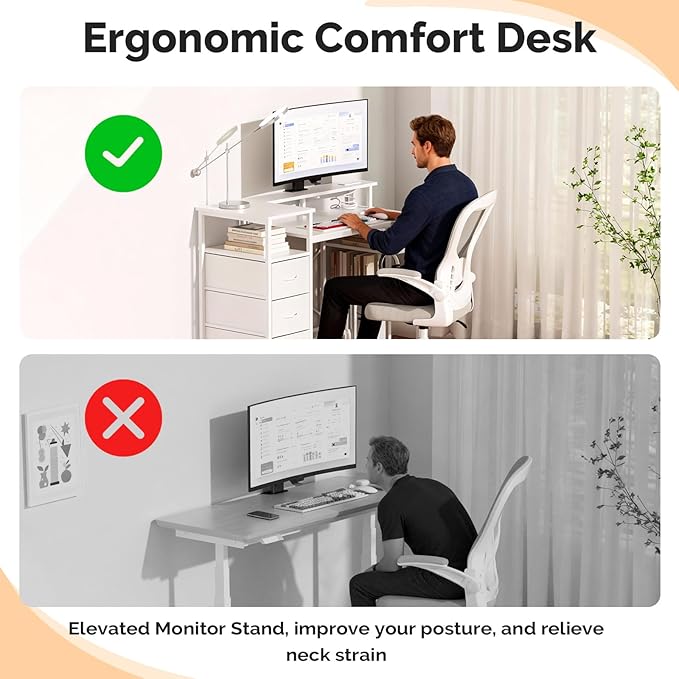 VINGLI 47 Inch L-Shaped Computer Desk, Small Computer Gaming Desk with Fabric Drawers & Storage Shelves, Charging Station, Monitor Stand for Home, Office, White