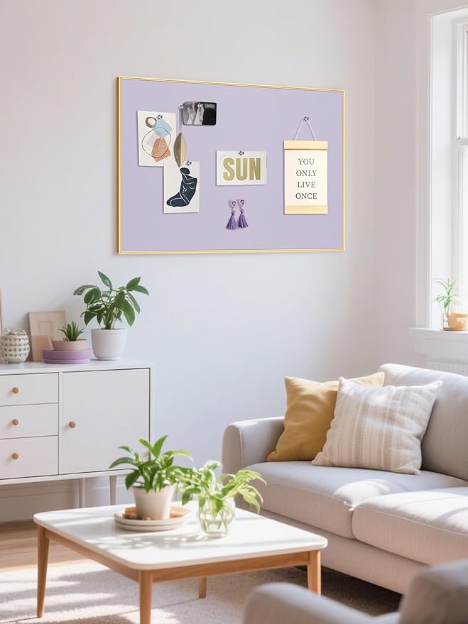Bulletin Board 30 x 20 inches, Light Lavender Pin Board, Golden Aluminum Framed Fabric Cork Board with 10 Push Pins