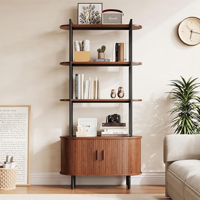 5 Tier Tall Bookshelf with Cabinet, Fluted Bookcase with Sliding Door, Metal and Wood Display Shelf, Free Standing Storage Shelving Unit, Corner Storage Organizer for Living Room, Home Office, Walnut