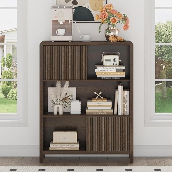 FATORRI Cube Bookshelf with 2 Doors, 4 Tier Wooden Bookcase, 5 Cube Storage Organizer for Home Office (Dark Walnut)