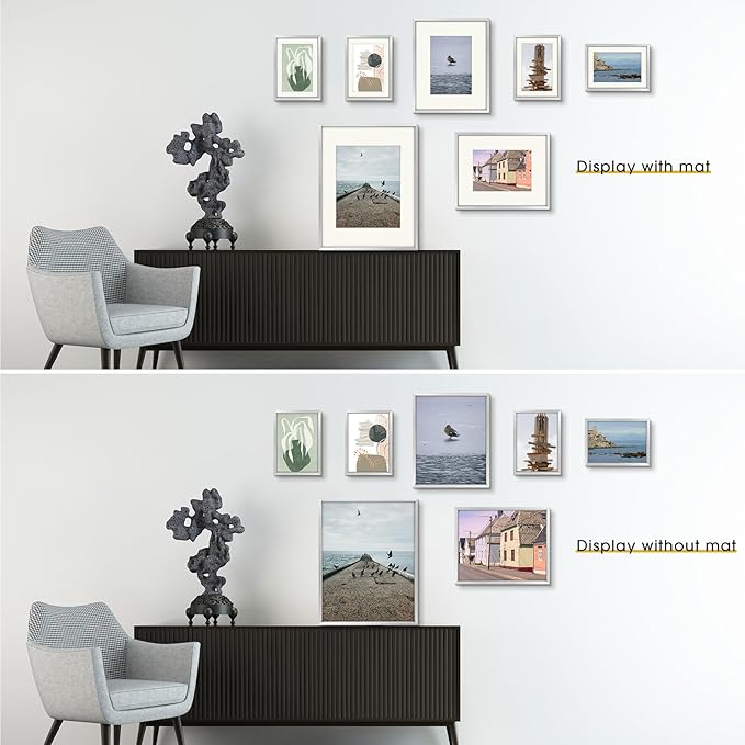 Frametory, Aluminum Picture Frames Set of 7 - Silver Gallery Wall Kit - Display One 11x14, Two 8x10, and Four 5x7 inch Photos for Home Decoration