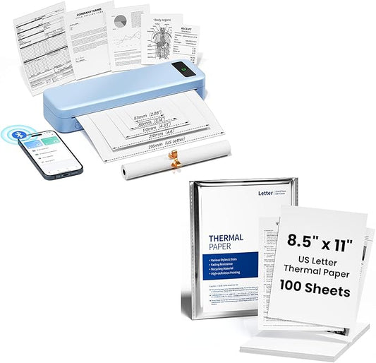 TATTMUSE Inkless Portable Thermal Printer Blue & 100 Sheets 8.5" x 11" US Letter Thermal Paper, Compatible with iPhone Android Laptop for Home Office