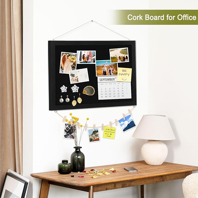 Double-Sided Black Cork Board with Linen, 30" x 20" Hanging Wood Framed Large Bulletin Board, Picture Display Vision Board Kit Corkboards for Wall Room School Office Decor, 20 Pushpins