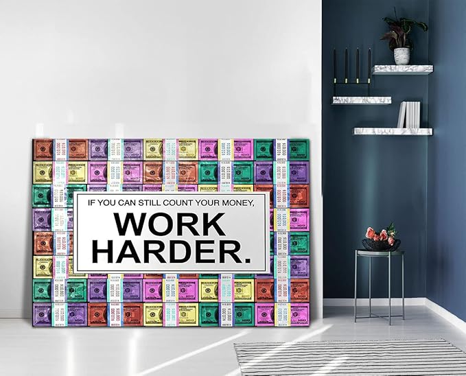 Creative Colorful Money Canvas Wall Art Motivational Quote Work Harder Artwork Inspirational Framed Office Art Print for Gym Work Place Wall Hangings Gallery Wrapped Easy to Hang,44" Wx28 H