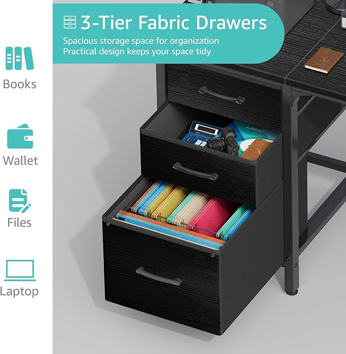 Lufeiya Computer Desk with Fabric File Drawers Cabinet, 55 Inch Reversible Home Office Desks with Filing Cabinet, Study Writing Table PC Desks with Storage for Bedroom, Black