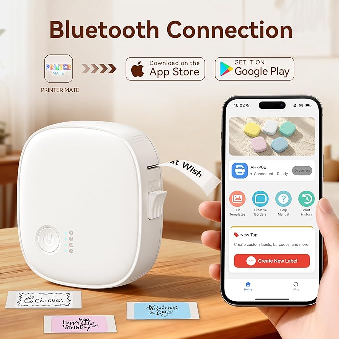 Mini Label Maker Machine with Tape, Bluetooth Label Printer, Portable Wireless Thermal Label Maker, Waterproof & Rechargeable, Compatible App for Kitchen, Office, School, Home