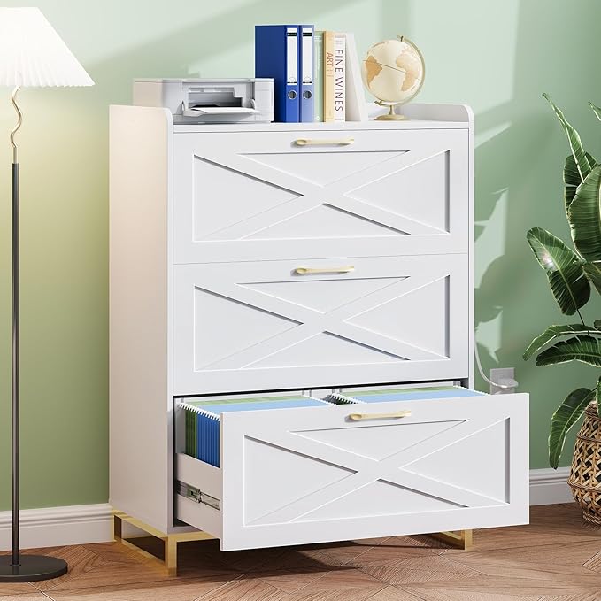 File Cabinet with 3 Drawers, Lateral File Cabinet for Letter/Legal/A4 Size Hanging Files, Large Wood File Storage Cabinets Printer Stand for Home Office, White