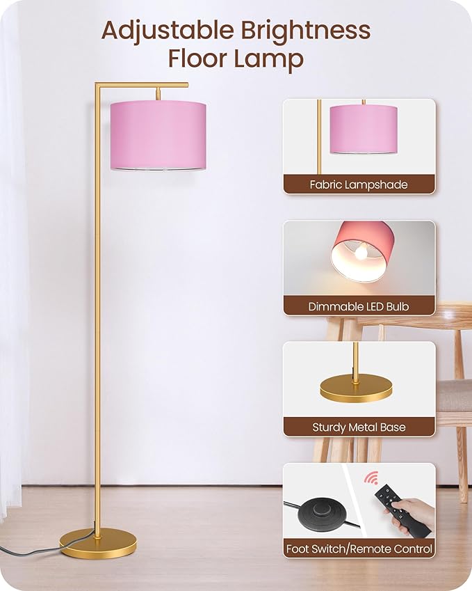 Modern Gold Arc Floor Lamp, Corner Tall Lamp with Remote, Arched Reading Light with Fabric Shade, Floor Lighting for Living Room, Bedroom, Office, Study, Pink, LED Bulb Included, DP11LD05