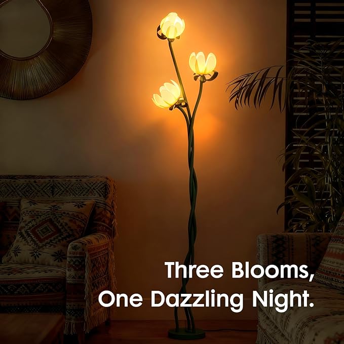 Vintage Floral Floor Lamp with 3 Adjustable LED Heads, Green Standing Lotus Light for Living Room Bedroom, 67" Tall Artistic Metal Lamp with Petal Shades, Foot Switch, LED Bulbs Included