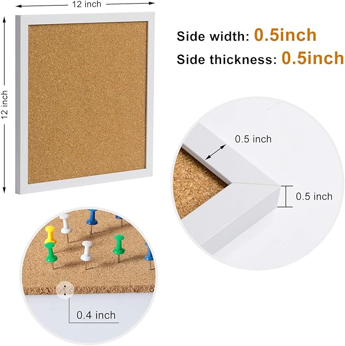 AkTop Cork Board Bulletin Board 12x12, White Framed Corkboard 4 Pack, Small Square Pin Board for Wall, Mini Thick Cork Tiles with 16 Push Pin Wood Clips for School, Home & Office