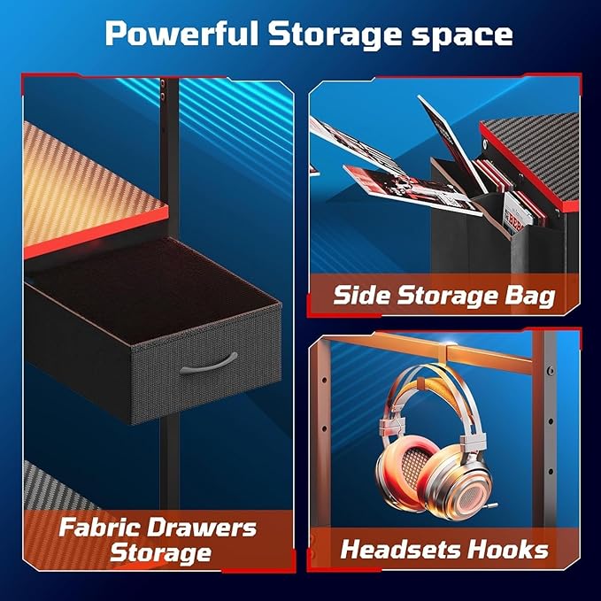 Bestier Gaming Desk with Drawer, 44 Inch Small Computer Desk with PC Shelf, Gaming Table with LED Lights for Small Spaces, Reversible Gamer Desk with Storage Bag & Side Hook, Black-RED
