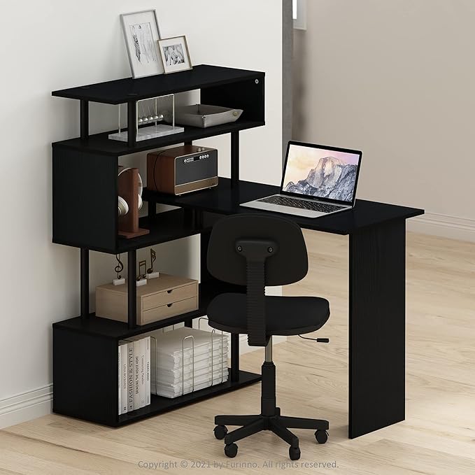 Furinno Classic Desk, 40" Wide L-Shape Gaming Desk, Computer Desk, Writing Desk with 5-Tier S-Shaped Side Shelves for Home Office, Study Room, Dorm, Bedroom, Americano