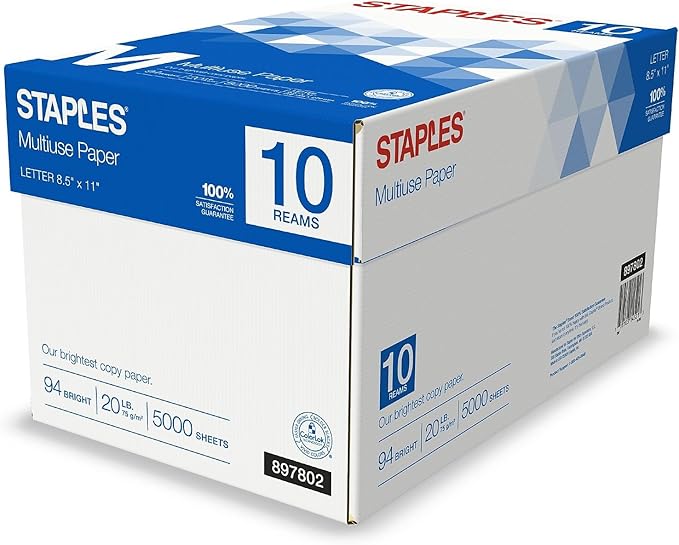 Staples Multipurpose Copy Printer Paper, 20 lb, 8.5 x 11 Inches, 10 Reams, 94 Bright, White