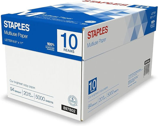 Staples Multipurpose Copy Printer Paper, 20 lb, 8.5 x 11 Inches, 10 Reams, 94 Bright, White