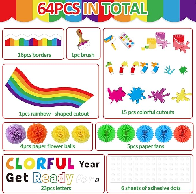 Get Ready for A Colorful Year Bulletin Board Classroom Decorations 3D Colorful Back to School Bulletin Board Set with Tissue Paper Fans Pompoms Art Painting Cutouts for Offices Chalkboard Wall Supplie