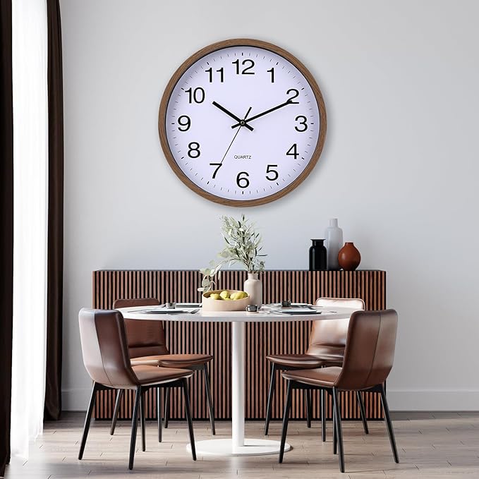 Wall Clock 12 Inch Wooden Frame Glass Cover Non-Ticking Number Quartz Modern Quartz Design Decorative Bedroom Kitchen Office Classroom Dark Brown