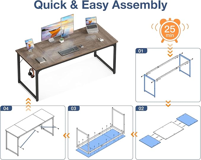 Casaottima 63 Inch Computer Desk for Home Office, Study Writing Table for Small Spaces, Simple Modern Desk with Headphone Hooks, Grey Oak