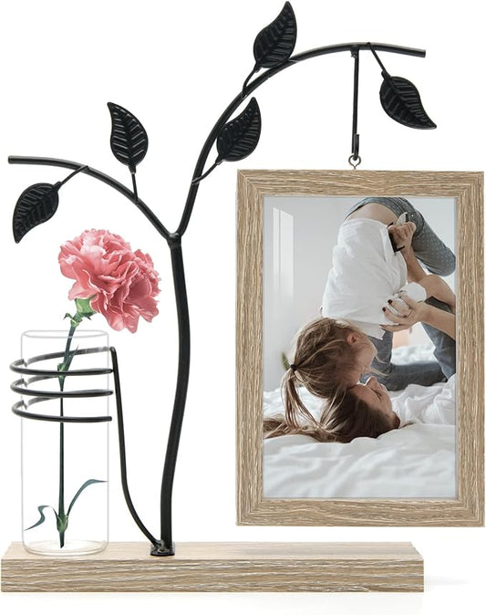Sapowerntus 4x6 Picture Frames, Rustic Family Desk Photo Frame, Flowers Plants Floating Double-Sided Glass Vase Office Tabletop Standing Decor, Mother Wedding Cute Dog Unique Gift
