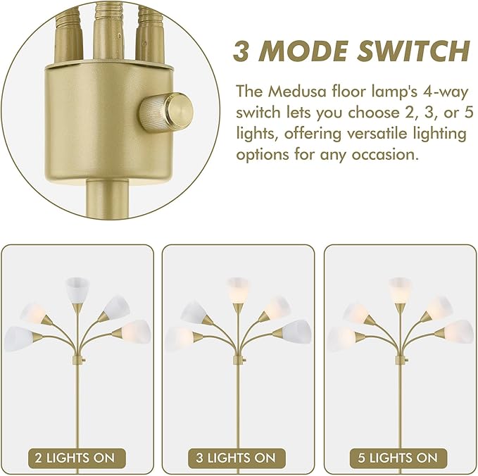 Medusa Modern Decor Floor Lamp, 5 Head Adjustable Gooseneck Lamps for Reading, White Shades Multiple Tall Standing Lamps for Living Room Bedroom Office Kids Classroom, Gold, Bulbs Included