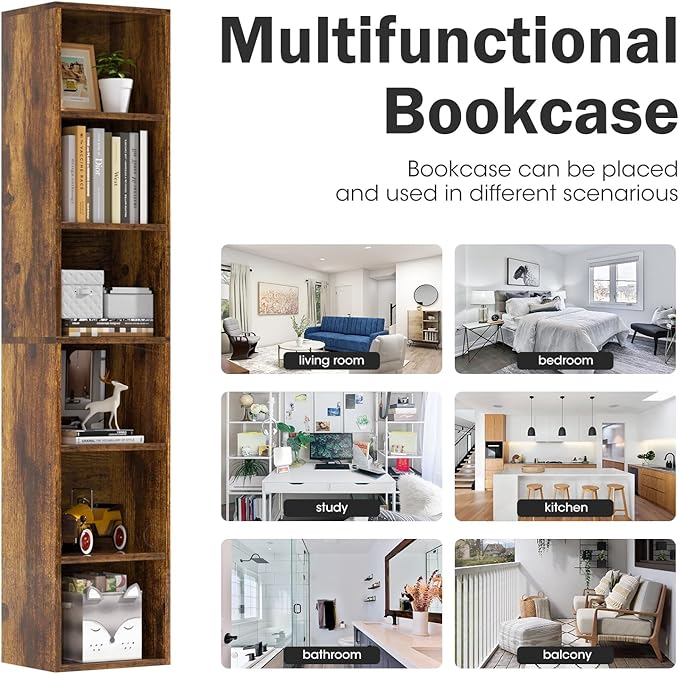 6-Tier Narrow Bookshelf, 71.5" Tall Corner Bookcase, Modern Book Shelf with Storage Space, Wooden Display Storage Shelves for Bedroom, Living Room and Office, Brown