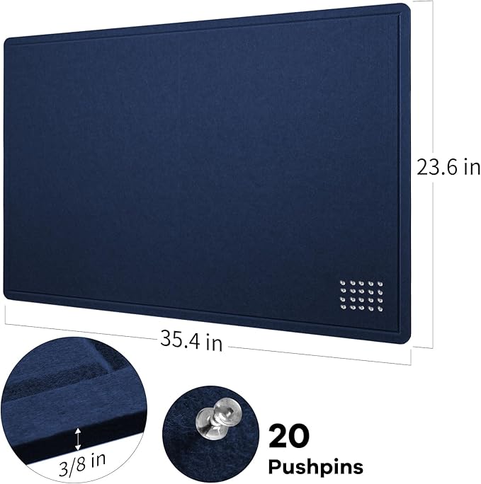 Bulletin Board, 36 x 24 inches Felt Board - Decorative Pin Board, Cork Board Alternative for Wall, 3' x 2' Foldable Self-Adhesive Vision Board Prayer Board with 20 Pushpins - Dark Blue