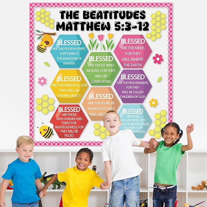 Christian Bulletin Board Decoration The Beatitudes Matthew 5:3-12 Classroom Decoration Motivational Bible Verse Paper Cutouts for Back to School Sunday School Church Parish Decor（Sunshine）