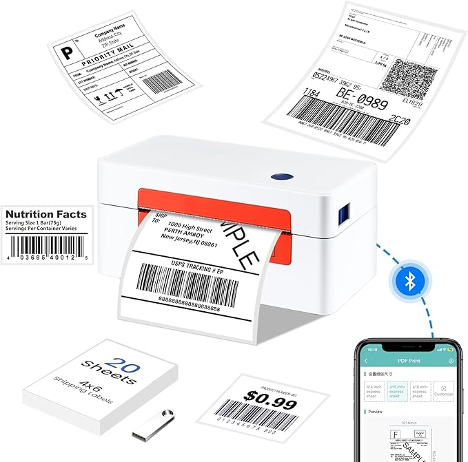 Bluetooth Thermal Label Printer, Wireless 4x6 Thermal Printers Shipping Label Printer for Small Business Shipping Package, Office, School Compatible with Amazon, Shopify, USPS, White