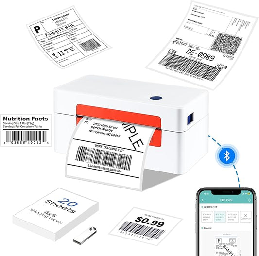 Bluetooth Thermal Label Printer, Wireless 4x6 Thermal Printers Shipping Label Printer for Small Business Shipping Package, Office, School Compatible with Amazon, Shopify, USPS, White