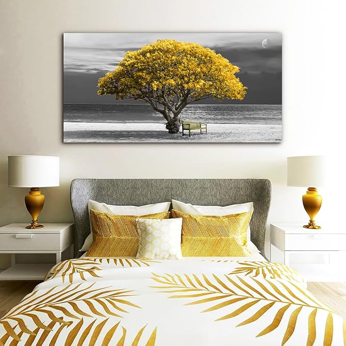Wapluam Large Canvas Wall Art for Living Room, Office, Bedroom - Black and White Landscape Paintings With Yellow Trees - Framed Pictures Artwork Home Decor Mural 24x48 in