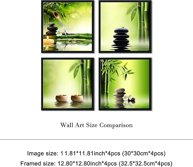 Pyradecor 4 Panels Framed Canvas Wall Art Contemporary Zen Canvas Prints Perfect Bamboo Green Pictures Paintings Artwork for Home Office Decorations