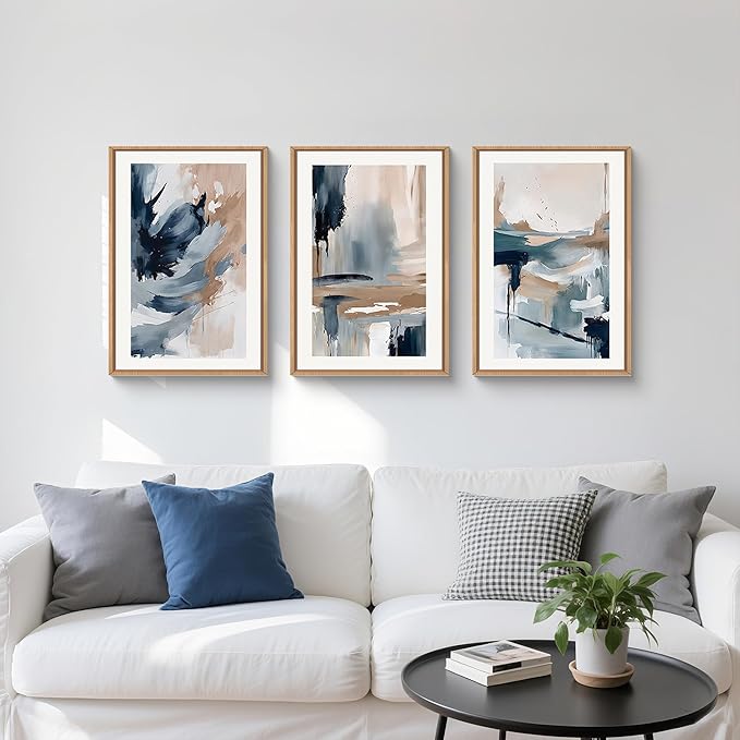 Abstract Navy Blue Framed Canvas Wall Art Set,Neutral Brush Stroke Wall Decor,Watercolor Pastel Brown Artwork,Modern Minimalist Color Block Art Print for Living Room,Bedroom,Office-16 x24 x3