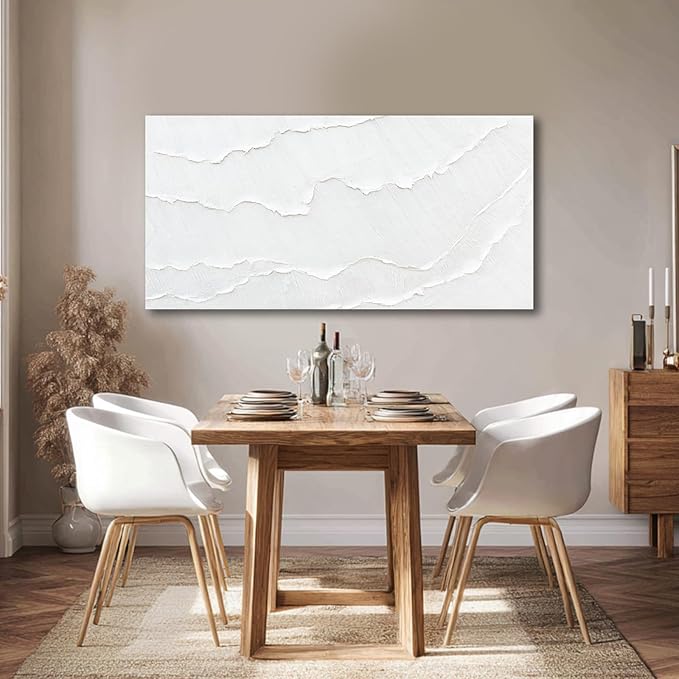 WINKAILIN White Abstract Textured Wall Art Modern 24x48 inch Canvas Ocean Wave Artwork Minimalist Hand-drawn Painting Contemporary White Posters Print for Living Room Bedroom Office Décor